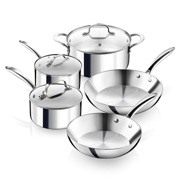 Gotham Steel 10 Pcs Stainless Steel Cookware Set, Pots and Pans Set Non Stick with Induction Cookware, Made Without PTFE PFOA PFOS, Metal Utensil Safe, Oven and Dishwasher Safe