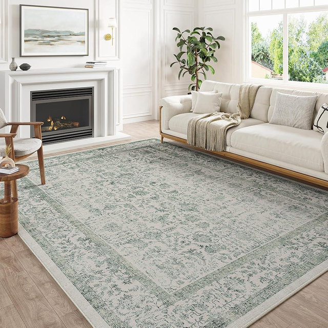 PureCozy Dark Green Area Rug 6x9 Machine Washable Vintage Living Room Distressed Non Slip Carpet Traditional Indoor Bedroom Retro Floral Accent Throw Large Rug for Office Kitchen Dining Room