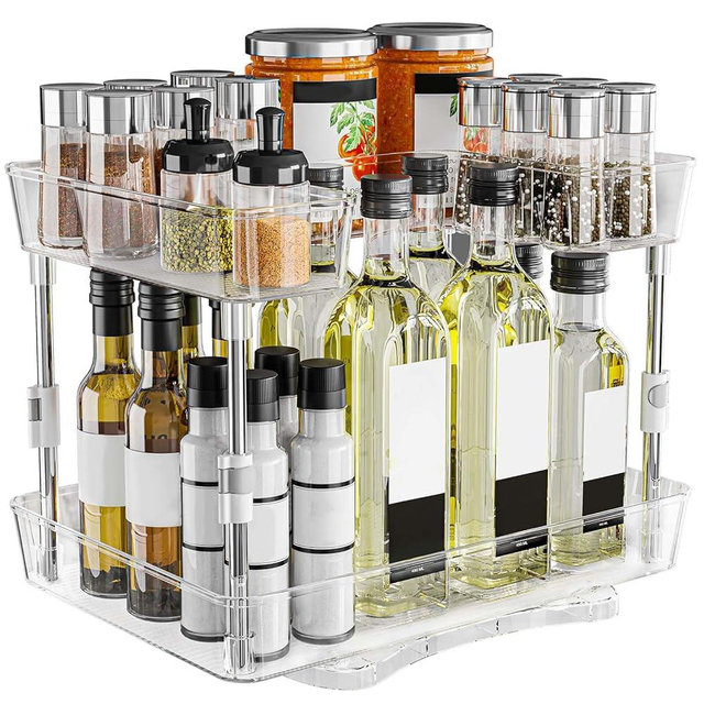 Spormmkuy 360° Rotating Lazy Susan Turntable Organizer Spice Rack, 2 Tier Height Adjustable Rotating Spice Organization for Cabinet, Seasoning Organizer for Countertop, Pantry