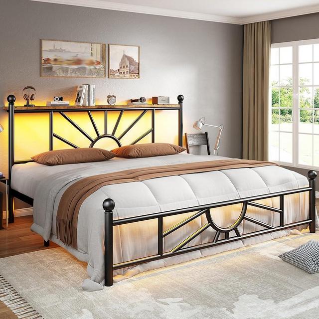 Homkdom Metal Queen Bed Frame with Headboard and Footboard, Queen Size Bed Frame with LED Light, Mattress Foundation with Under Bed Storage/No Box Spring Needed/Noise-Free/Easy Assembly, Black