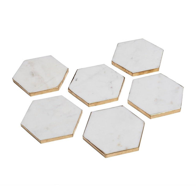 GoCraft Marble Gold Edge Hexagon Coasters | Handcrafted White Marble Gold Painted Edge Coasters for Drinks, Beverages & Wine/Bar Glasses (Set of 6)