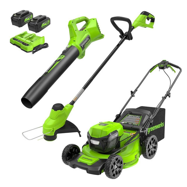 Greenworks 2 x 24V 21" Brushless Cordless (Self-Propelled) Lawn Mower + Blower (320 CFM) + 12" String Trimmer, (2) 5.0Ah Batteries and Charger Included (125+ Compatible Tools)