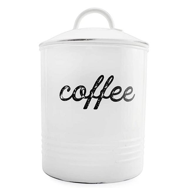 AuldHome Enamelware White Coffee Canister; Rustic Distressed Style Tea Storage for Kitchen