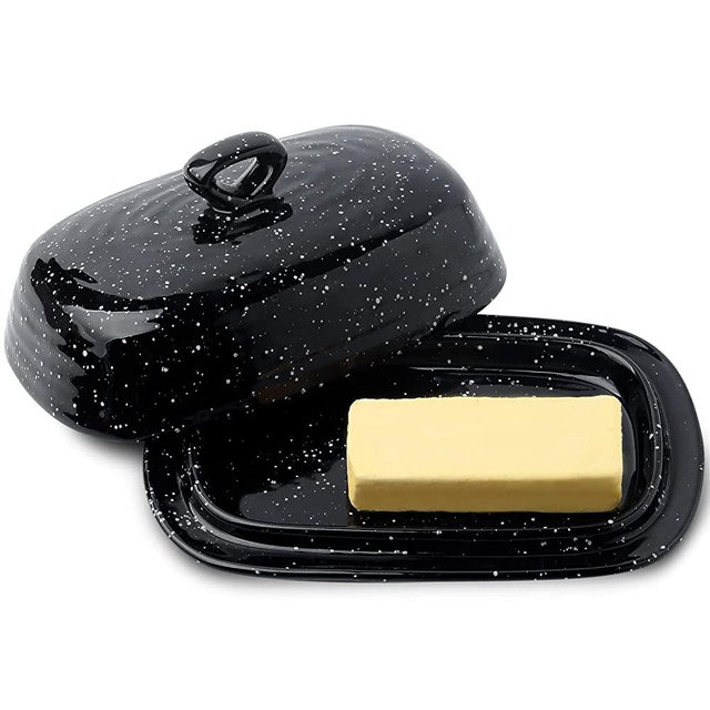 Hasense Butter Dish with Lid, Ceramic Butter Dish with Cover for Countertop, Porcelain Butter Keeper Holder with Handle Design for East West Coast Butter, Butter Tray with Lid for Fridge, Black