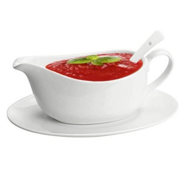 Qlans Gravy Boat With Ladle and Saucer 17 Oz,Ceramic Sauce Boat with Tray for Salad Dressings Milk,Warming Sauces,Creamer,Broth,Black Pepper,White (1 PCS New Gravy Boat With Ladle and Saucer)