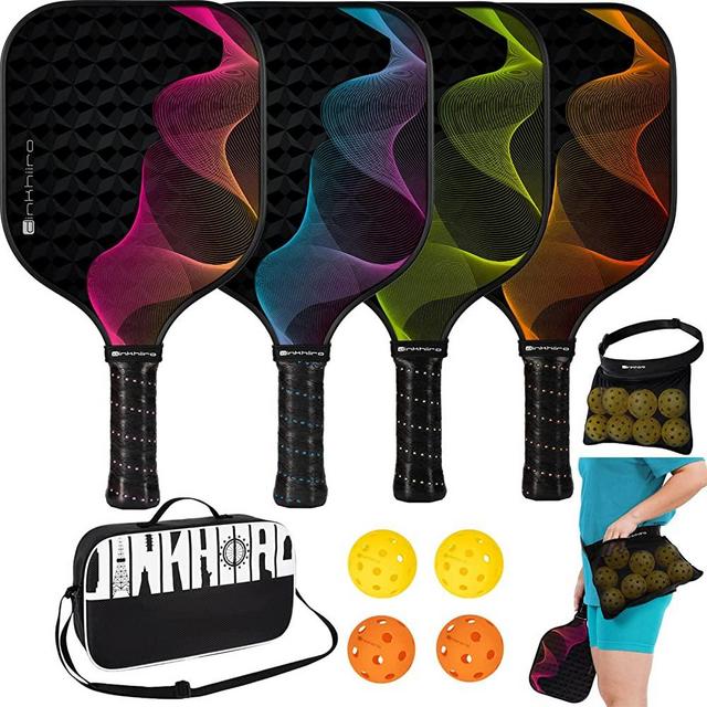 Pickleball-Set with 4 or 2 Fiberglass Paddles, Indoor Outdoor Pickle-Balls, Racquet Bag, Waist Ball Holder | Pickleball-Rackets-Set of 2 or 4 for Men Women | Dinkhiiro Pickle-Ball Equipment