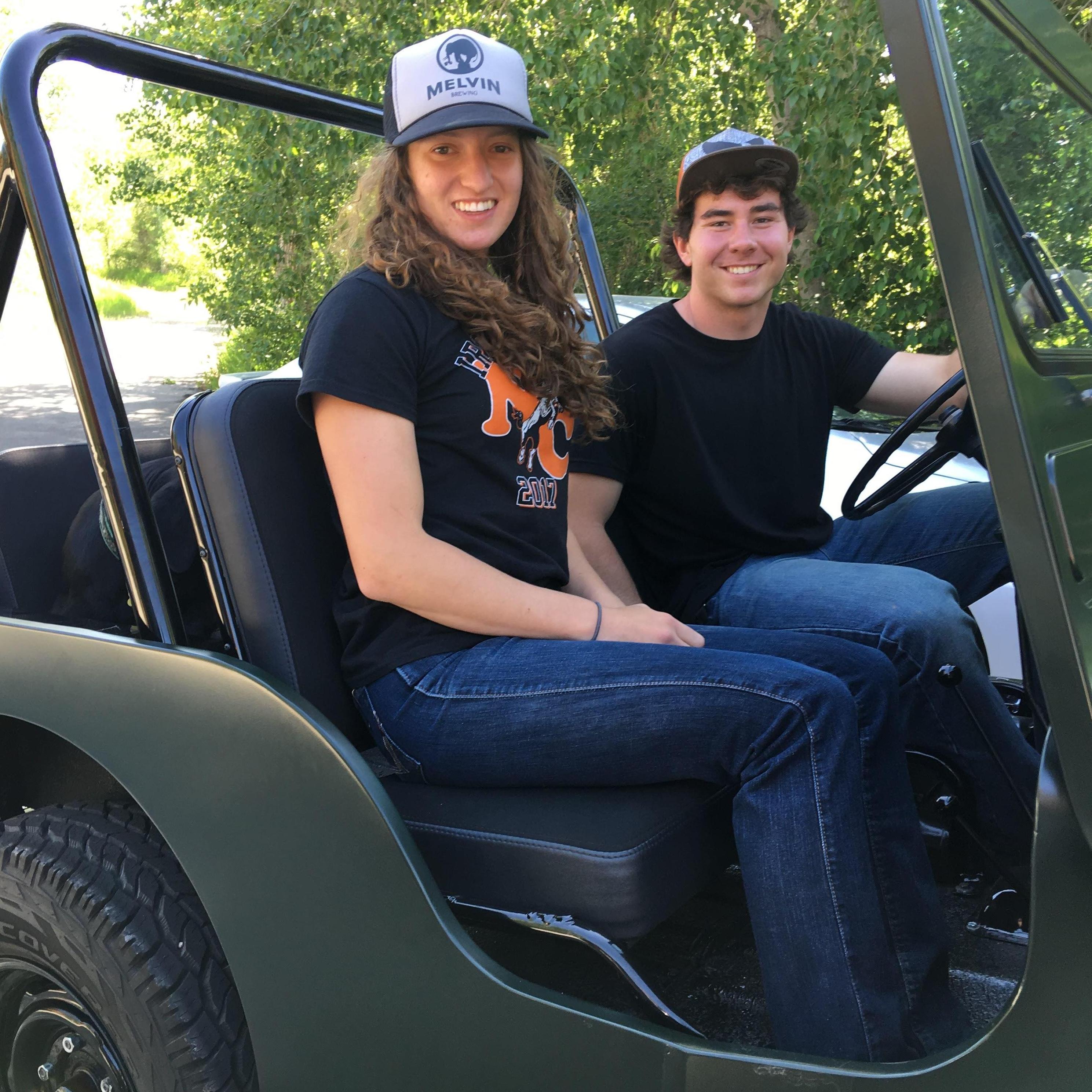 Sam worked hard to restore this 1950 Willys Jeep with his grandfather, and Abbi loves cruising around town with Sam!