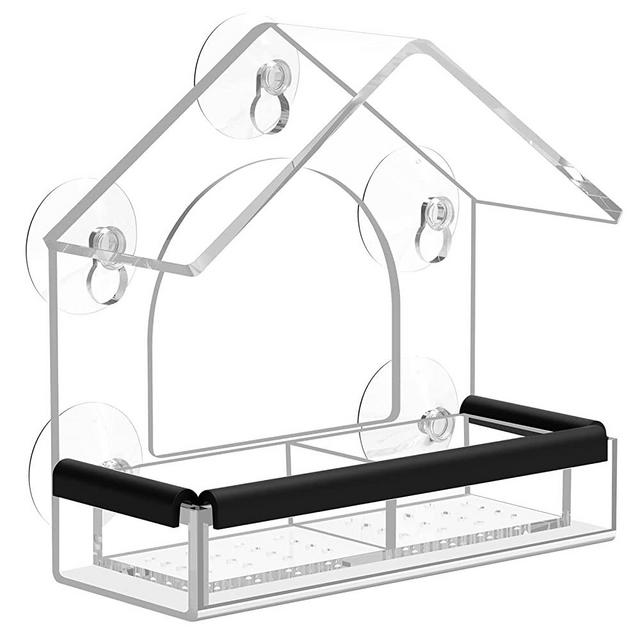 Transparent Window Bird Feeder with 5 Extra Strong Suction Cups, Drainage Holes, Detachable Seed Tray, DY-SKTY Sturdy and Durable Acrylic Clear Birds Feeders for Outdoors Wild Birds