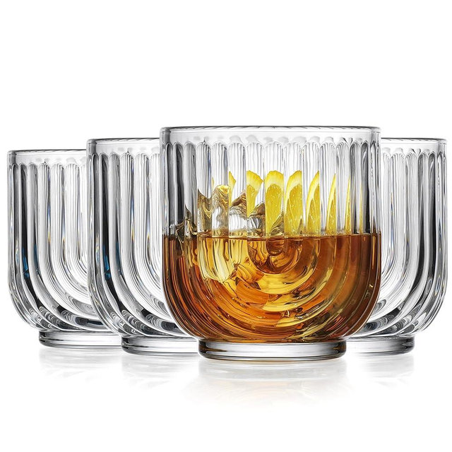 Glaver's Whiskey Glasses 11oz. Set of 4 Old Fashioned Bourbon Glasses. Ribbed Cocktail Arch Design Art Deco Bar Glassware for Whisky, Cocktails, Juice and Chilled Beverages.