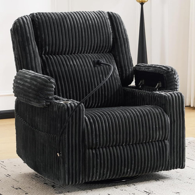 Oversized Power Recliner Chair with Massage and Heat,Swivel Rocker Recliner Chair for Adults with Arm Storage,Nursery Glider Recliner with Adjustable Headrest and Side Pockets,Phone Stand,Dark Grey