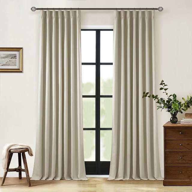 Neutral Pinch Pleat Linen Blackout Curtains 108 Inches Long 2 Panel Set for Living Room Back Tab Pleated Drapes Room Darkening Light Blocking Window Curtain for Bedroom Cottage Farmhouse Taupe 9 FT
