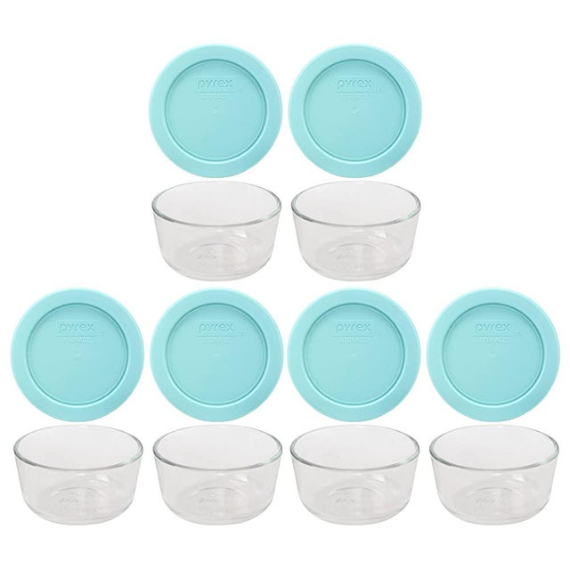 Pyrex (6) 7202 Glass Bowls & (6) Pyrex 7202-PC Jade Dust Green Lids