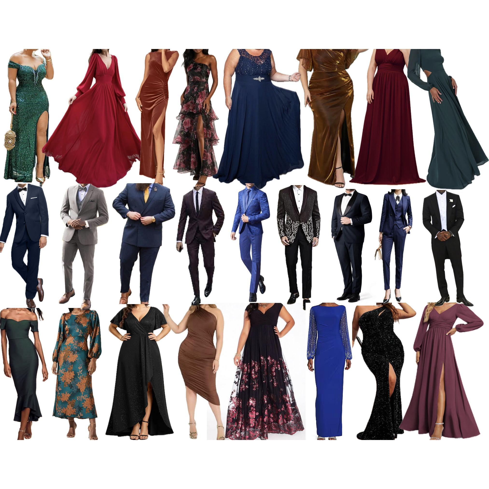 Dark colors, long dresses and formal suits. Please avoid wearing white and lighter colors
