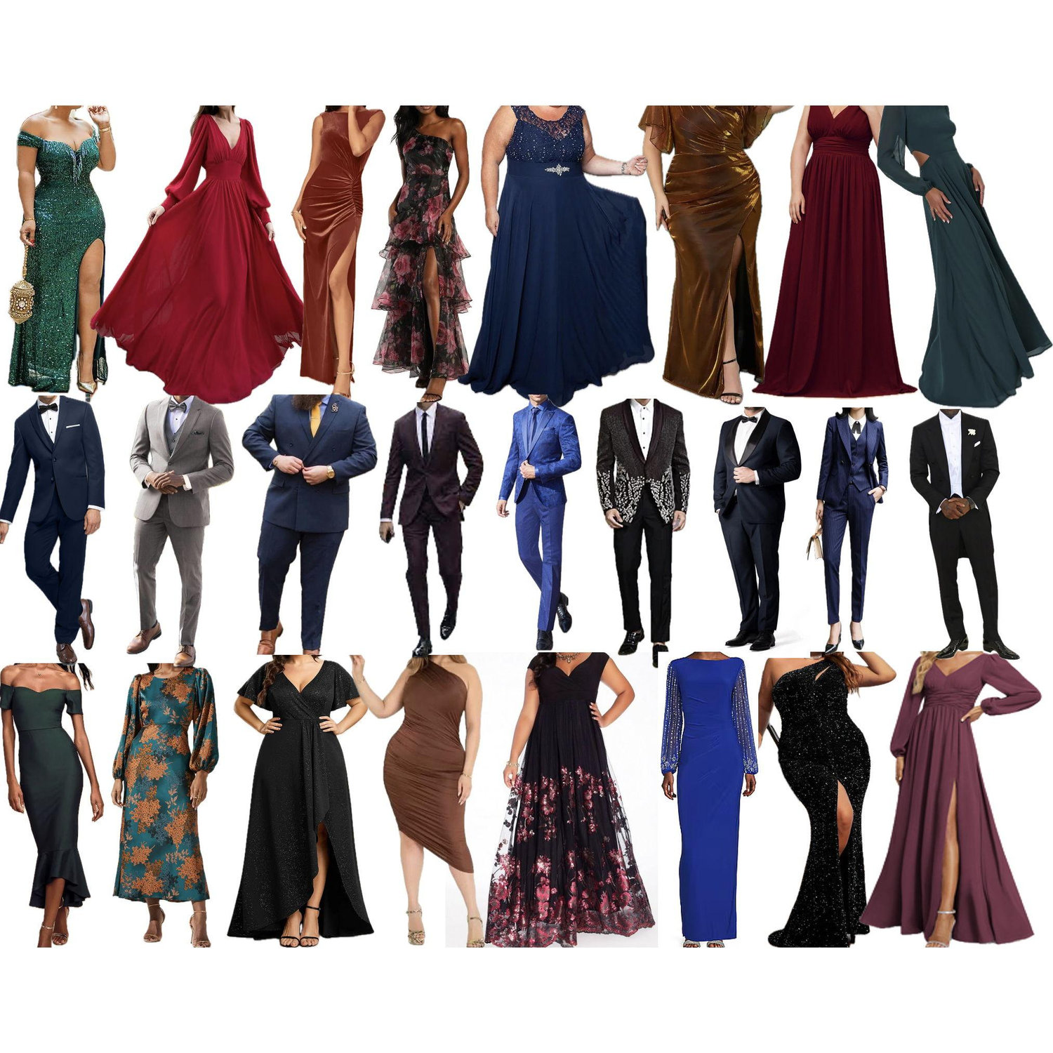 Dark colors, long dresses and formal suits. Please avoid wearing white and lighter colors