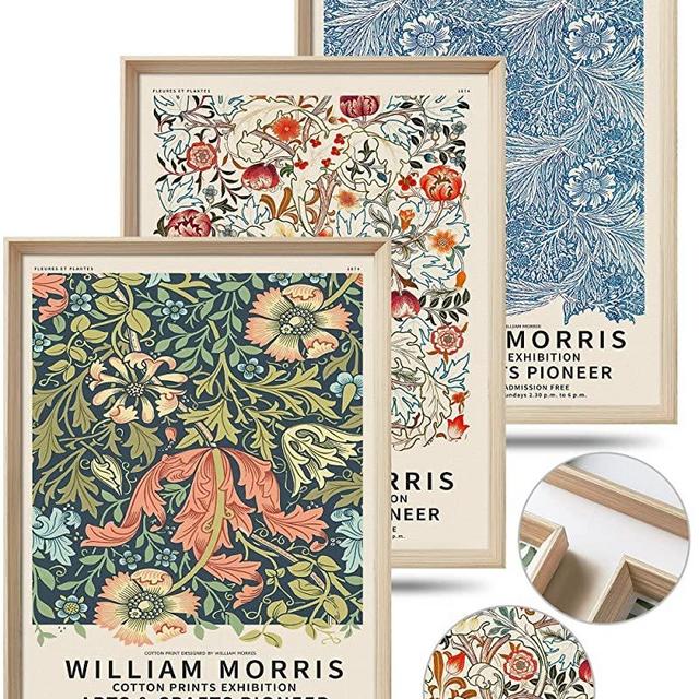 UPWOIGH Framed Wall Art, William Morris Wood Canvas Wall Art,16x12in Cotton Pattern Vintage Poster Wall Decor Aesthetic for Living Room Bedroom, Colorful Plants Flowers Neutral Wall Decor Set of 3