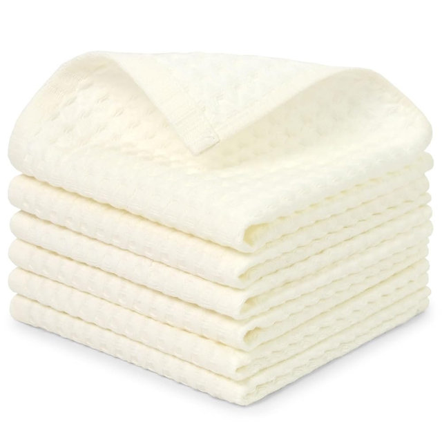 Cleanbear Cotton Washcloths 6 Pack, Waffle Weave Wash Cloths 13x13 Inches, Soft Quick Dry Towels for Bathroom, Shower & Guest Use, Cream