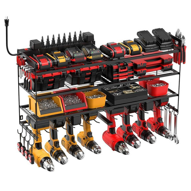JUNNUJ Large Power Tool Organizer with 10 Outlet Power Strip, 4 Layer Wall Mount Drill Holder with Charging Station, 8 Drills Storage Shelf Shop Garage Utility Rack, Black