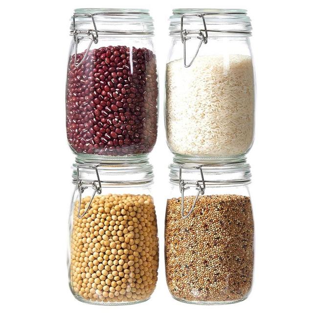 4 Pack 34oz Food Storage Jars with Airtight Lids, Preserving Seal Wire Clip Fastening Glass Containers, Canisters for Kitchen Organization, Flour, Cereal, Pasta, Sugar, Beans, Pickling Jars(34 Oz*4)