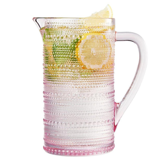 Hobnail Blush Pink Pitcher, Beverage Dispenser, Heavy Duty Glass Beaded, 2.5 Quart, 82oz Cocktails, Juices, Water, Lemonade, Iced Tea, Parties, Everyday Fridge, Container, Milk, Iced Coffee, Drinks
