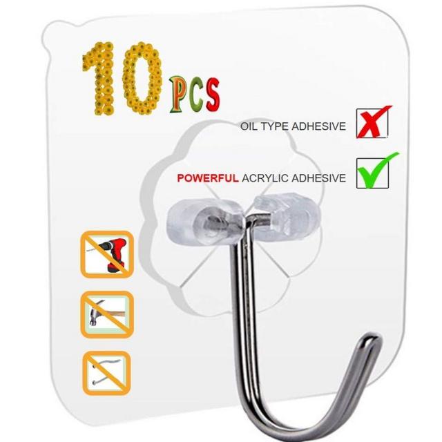 Adhesive Hooks Heavy Duty, 33lbs, Sticky Wall Hooks for Hanging, No Damage, Removable, Self Stick on Wall Hangers Without Nails, Clear Kitchen Bathroom Door Wall Ceiling Shower Utility Hooks (10pcs)