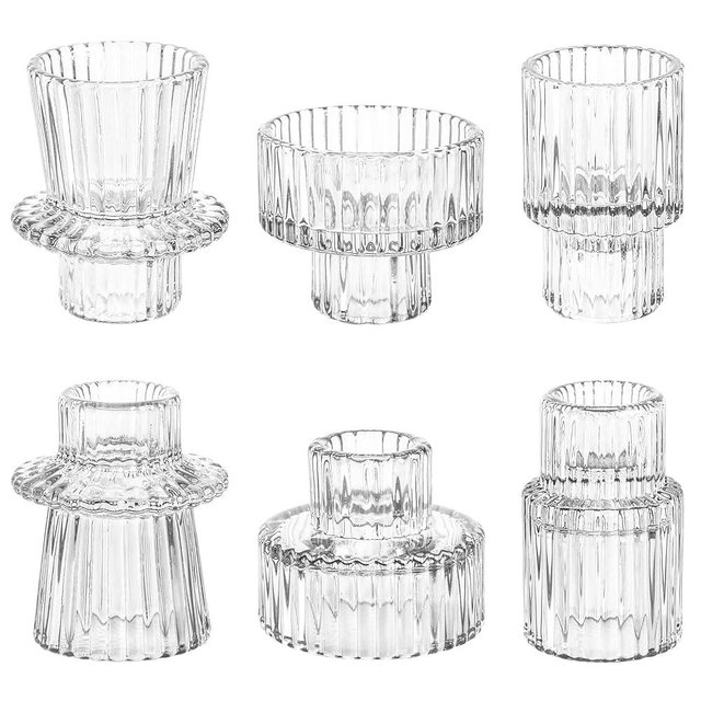 NEOEGOR Taper Votive Candle Holder for Pillar Candles Tealight, Candlestick Holder for Wedding Christmas Tea Party, Boho Ribbed Vintage Crystal Glass Table Centerpiece Decor, Bulk Set of 6 (Clear)