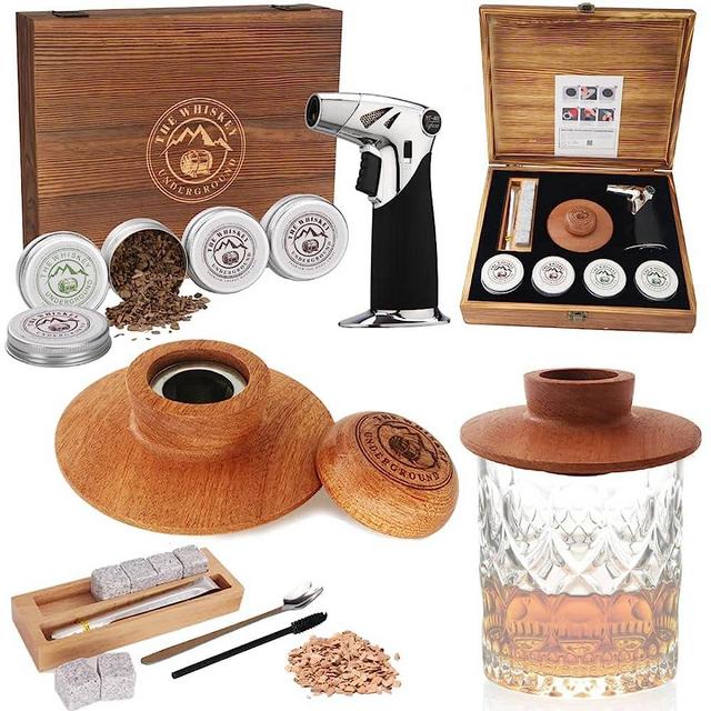 The Whiskey Underground Whiskey Smoker Kit - Cocktail Smoking Kit with Smoking Top, Butane Torch, Tongs, Whiskey Stones - Apple, Cherry, Oak, Walnut Wood Chips - Premium Wooden Box