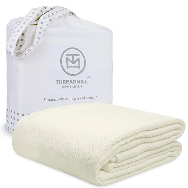 Threadmill 100% Pure Cotton, Luxury Queen Size Tusk White Blanket - Herringbone Pattern, Lightweight, Soft & Cozy Premium Fall Throw Blanket for All Seasons, 350GSM & 90x92 with Free Tote Bag