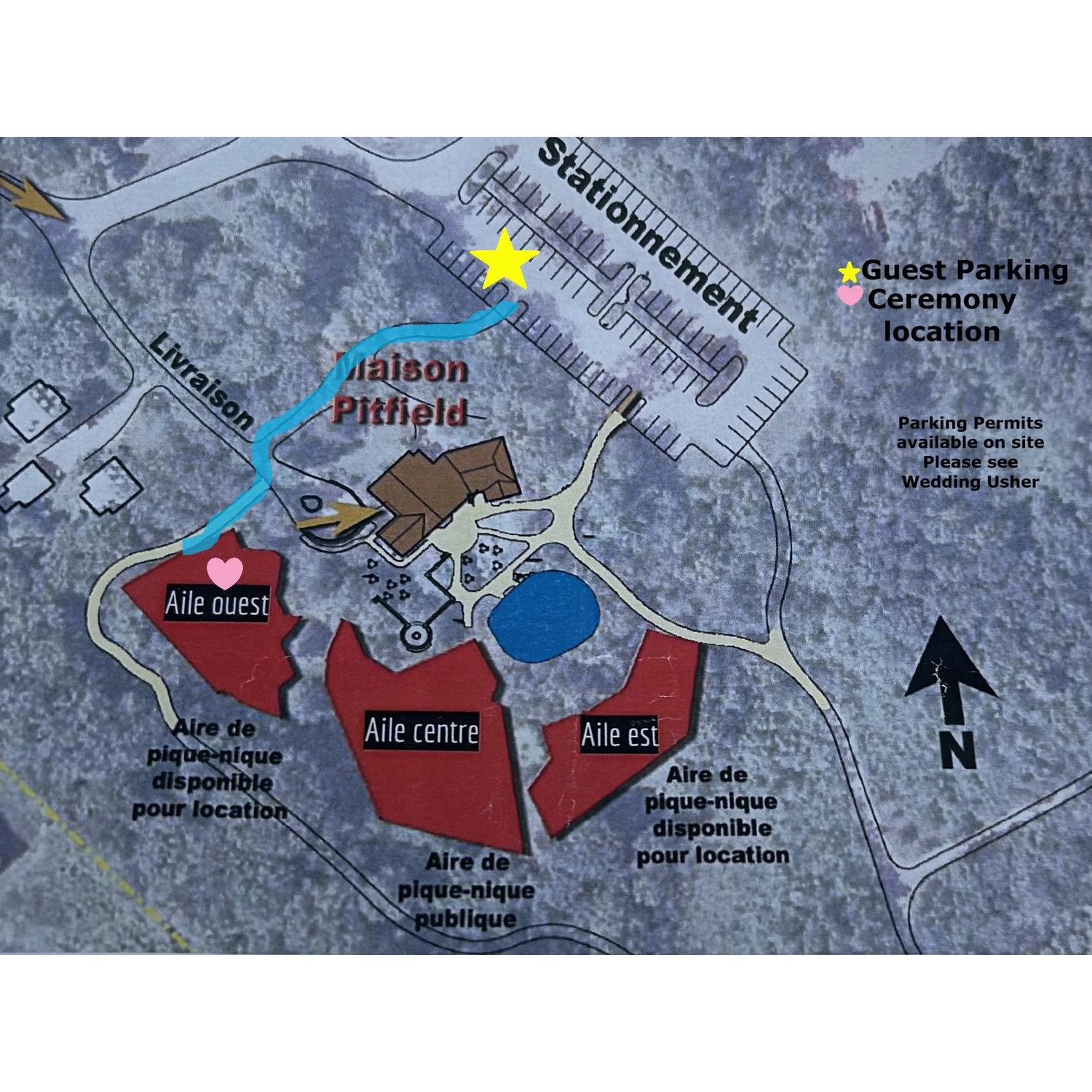 Maison Pitfield, ceremony location details. 
Parking permits will be distributed, to leave in your cars.
Straight walk to the West park section, to find our ceremony.