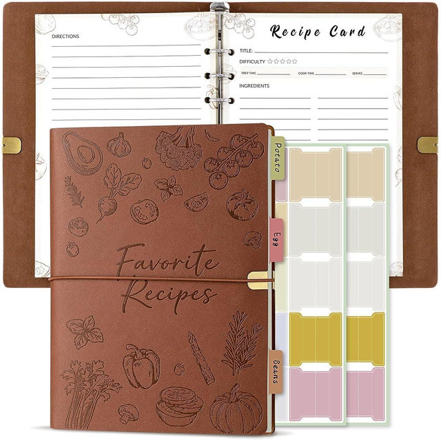 MOOROL Blank Recipe Book Binder to Write in Your Own Recipes,Water Proof Leather Recipe Journal Notebook,Make your Own Favorite Cookbook(Brown)