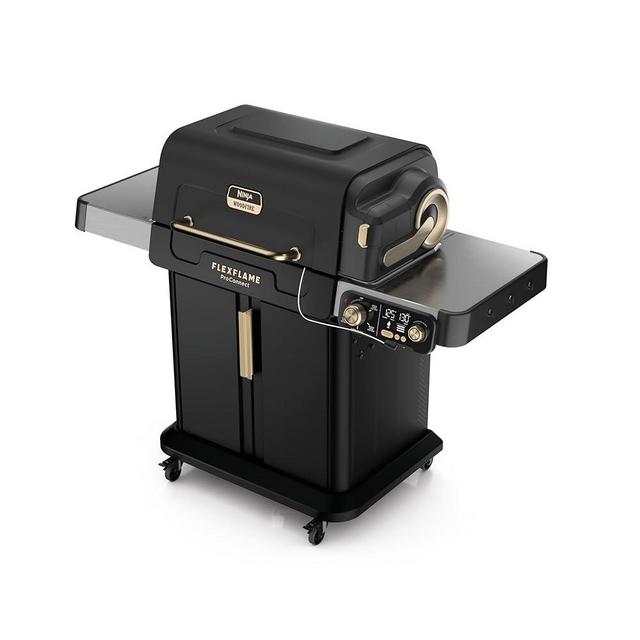 Ninja FlexFlame ProConnect Grill & Smoker | 5-in-1 Smart Cooking System | Electric & Propane | App-Connected | 3-Burner Digital Control | Roast, Griddle & Pizza Maker | Black/Gold | PG305