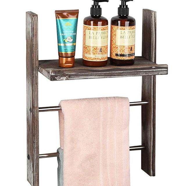 J JACKCUBE DESIGN Rustic Wood Wall Mount Towel Rack with Shelf, Blanket Ladder for Bathroom, Kitchen Hand Towels Holder, Stainless Towel Bar Hanger Farmhouse Decor - MK576A