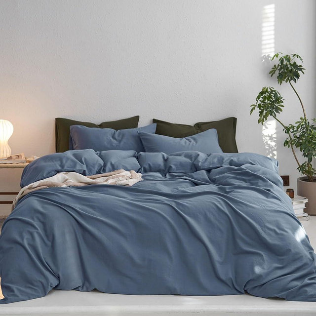 MooMee Bedding Duvet Cover Set 100% Washed Cotton Twill Thick Sturdy Material Super Soft Breathable Durable Casual Look Luxurious Feel (Blue, Queen)