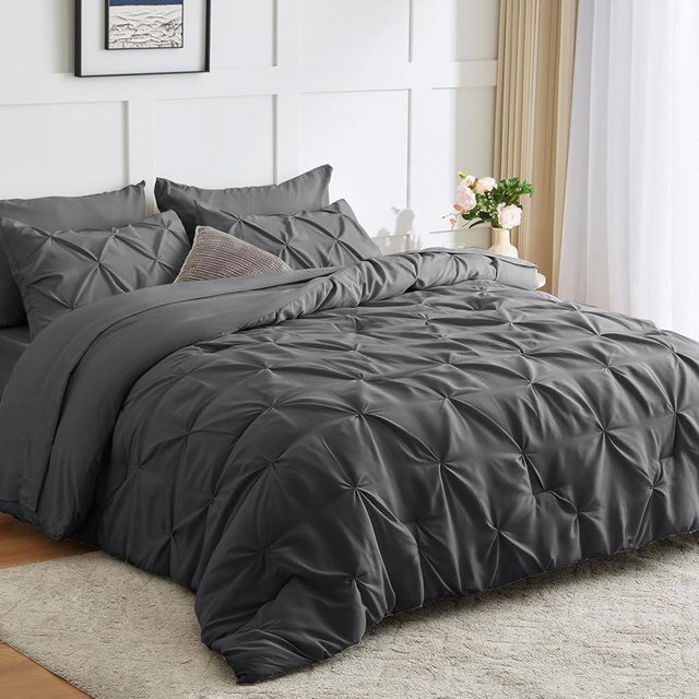 CozyLux King Comforter Set - 7 Pieces Comforters King Size Dark Gray, Pintuck Bed in A Bag Grey Pinch Pleat Bedding Sets with All Season Comforter, Flat Sheet, Fitted Sheet and Pillowcases & Shams