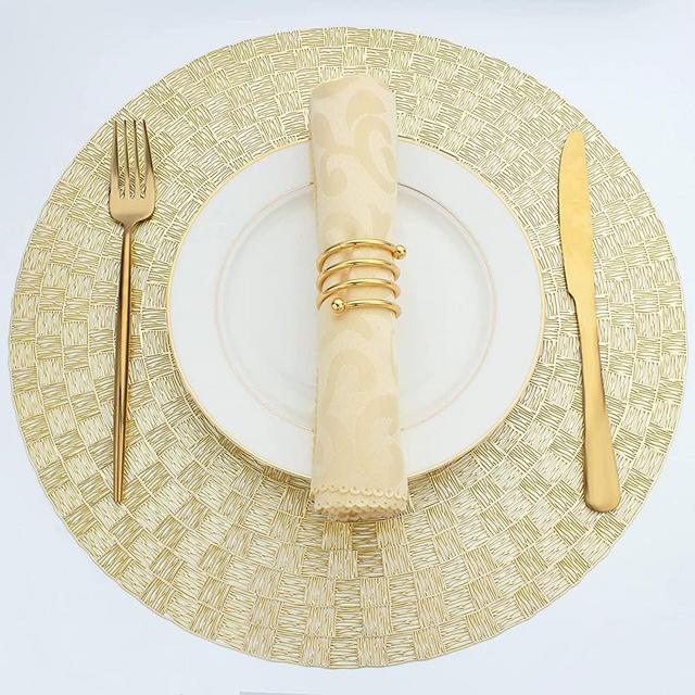 Evevde Gold Round Placemats for Dinner Table Set of 6 Metallic Plastic Vinyl Place Mats No-Slip Wipeable 6Pcs Table Mats for Daily Use Wedding Anniversary Kitchen Table Decoration(Dia:15inch/38cm)