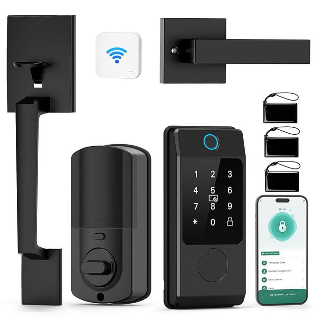 WiFi Front Door Lock Set - Miuedo Keyless Entry Door Locks Handle Set, Fingerprint Smart Alexa Keypad- Smart Deadbolt Lock with Handle Latch - WiFi Access Bluetooth APP-Black
