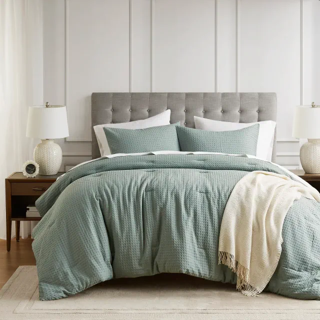 Breathable Woven Waffle Knit Comforter Sets, Modern Farmhouse Boho Comforter & Sham, All Season Microfiber Bed Set,Sage Green,King/Cal King