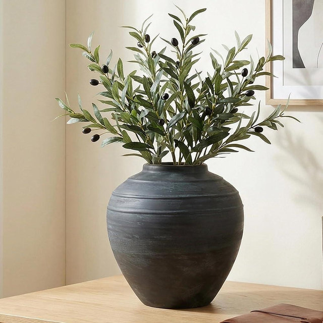 Rustic Ceramic Flower Vase,11.02Inch Indigo Artisan Handcrafted Round Ceramic Vase Farmhouse Rustic Vase Round vases for Decor Living Room Home Decor