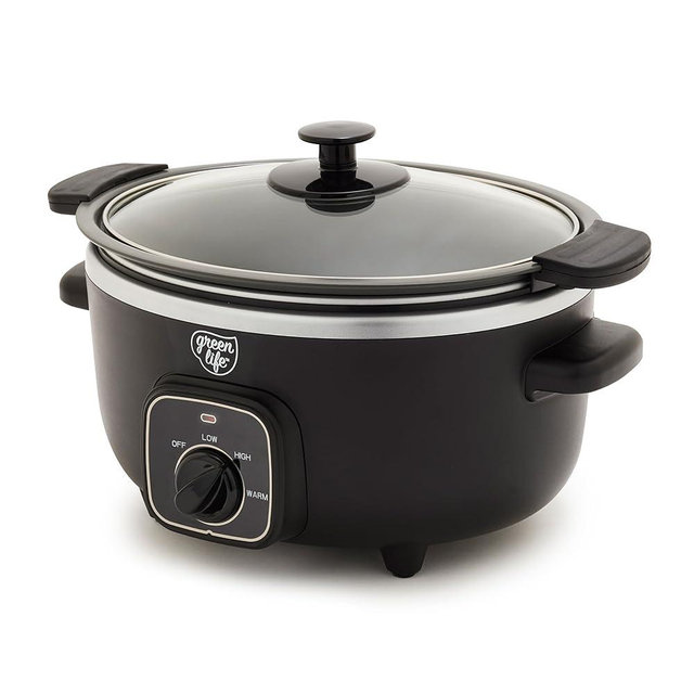 GreenLife 3.5QT Slow Cooker, PFAS-Free Non-Toxic Ceramic Nonstick Removable Interior Bowl, Programmable, Keep Warm, Stovetop & Oven Safe Pot, Dishwasher Safe Crock & Glass Lid, Black