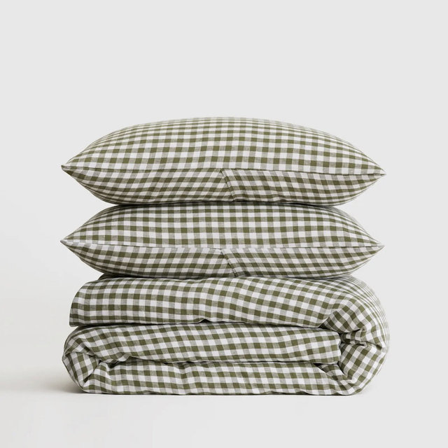 European Linen Duvet Cover Set - King/Cal King in Olive Gingham