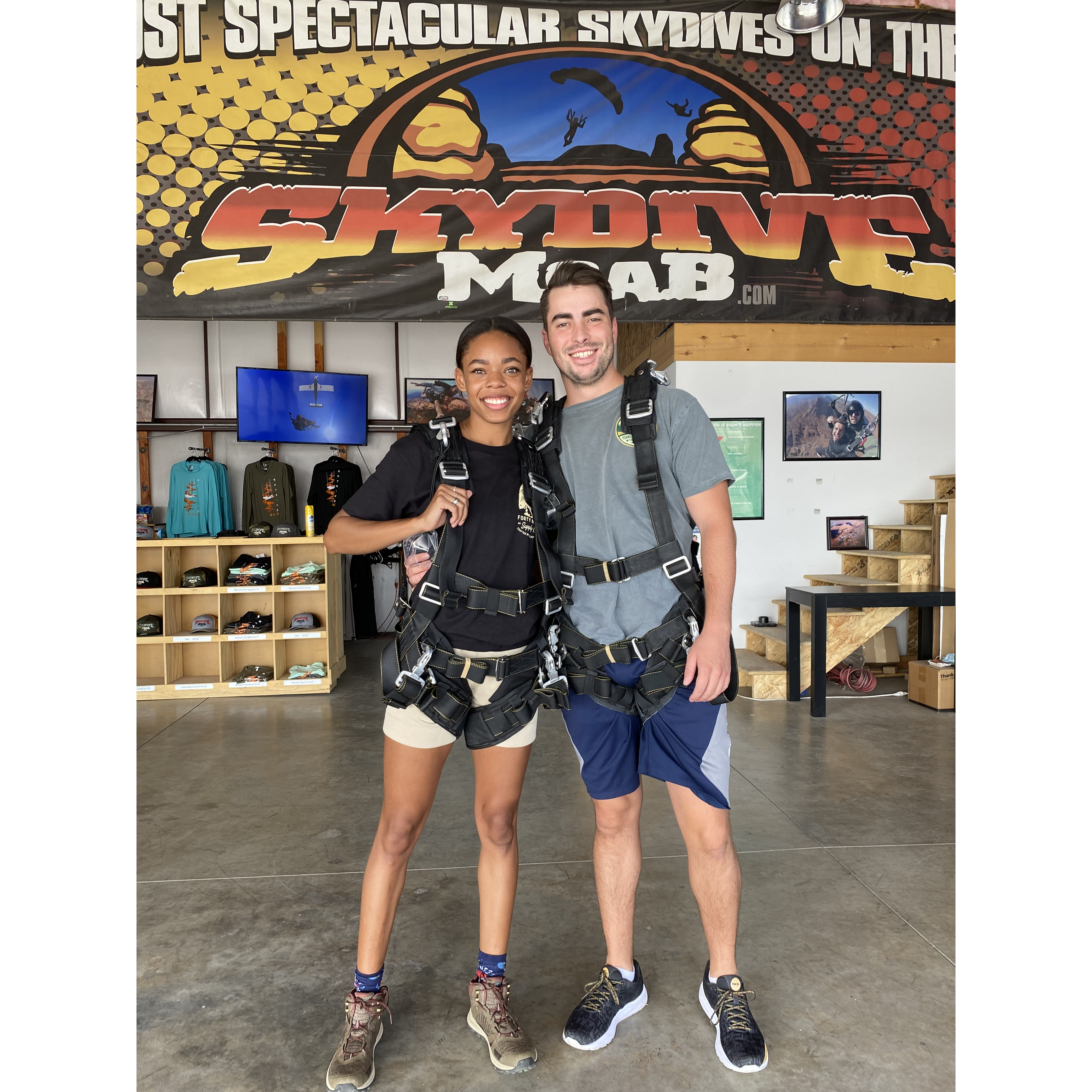 Skydiving together right before our first travel assignment!