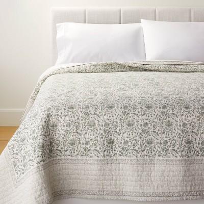 Decorative Border Cotton Slub Print Quilt Light Teal Green - King
