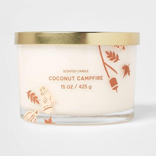 15oz Lidded Glass Jar Cream Novelty Fall Print 3-Wick Coconut Campfire Candle - Opalhouse™
