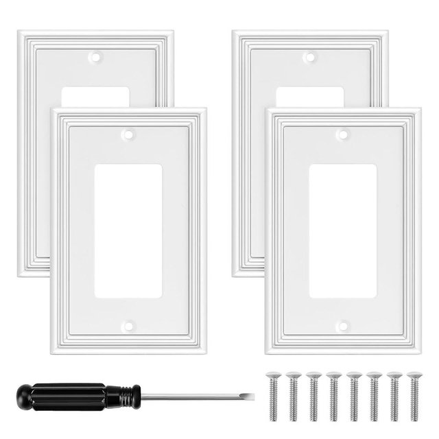 White Modern Decorative Wall Plate Light Switch Cover Decorator Outlet Covers Rocker Switch Plates Bamboo Fiber Material Wall Plates for Kitchen Bathroom (1 Gang Single Decorator-4 Pack)