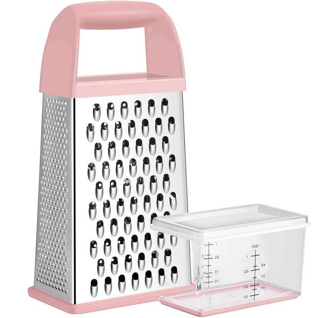 Urbanstrive Cheese Grater With Container, Professional Cheese Grater with Handle, Stainless Steel Graters for Kitchen Handheld, Box Grater with 4 Sides for Vegetables, Ginger, Potatoes (Pink)