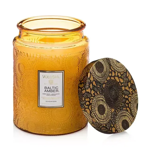 Japonica Baltic Amber Large Embossed Glass Candle 18 oz.