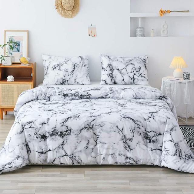 Smoofy Queen Comforter Set, White Marble Pattern Printed Bed Comforter, Soft Fabric with Brushed Microfiber Fill Bedding(1 Comforter, 2 Pillowcases)