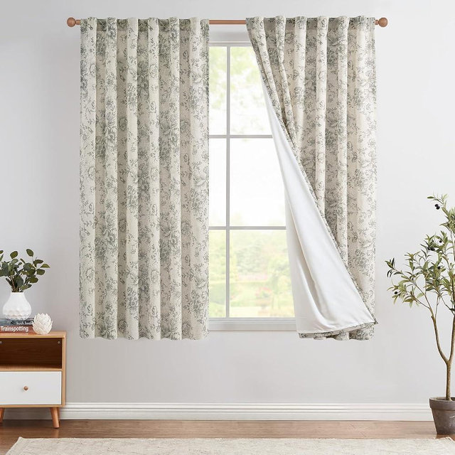 jinchan Lined Linen Blend Curtain Floral Curtains for Living Room 63 Inch Length Grey Peony Flower Printed Curtain Back Tab Farmhouse Patterned Drapes Bedroom Window Curtains Set 2 Panels