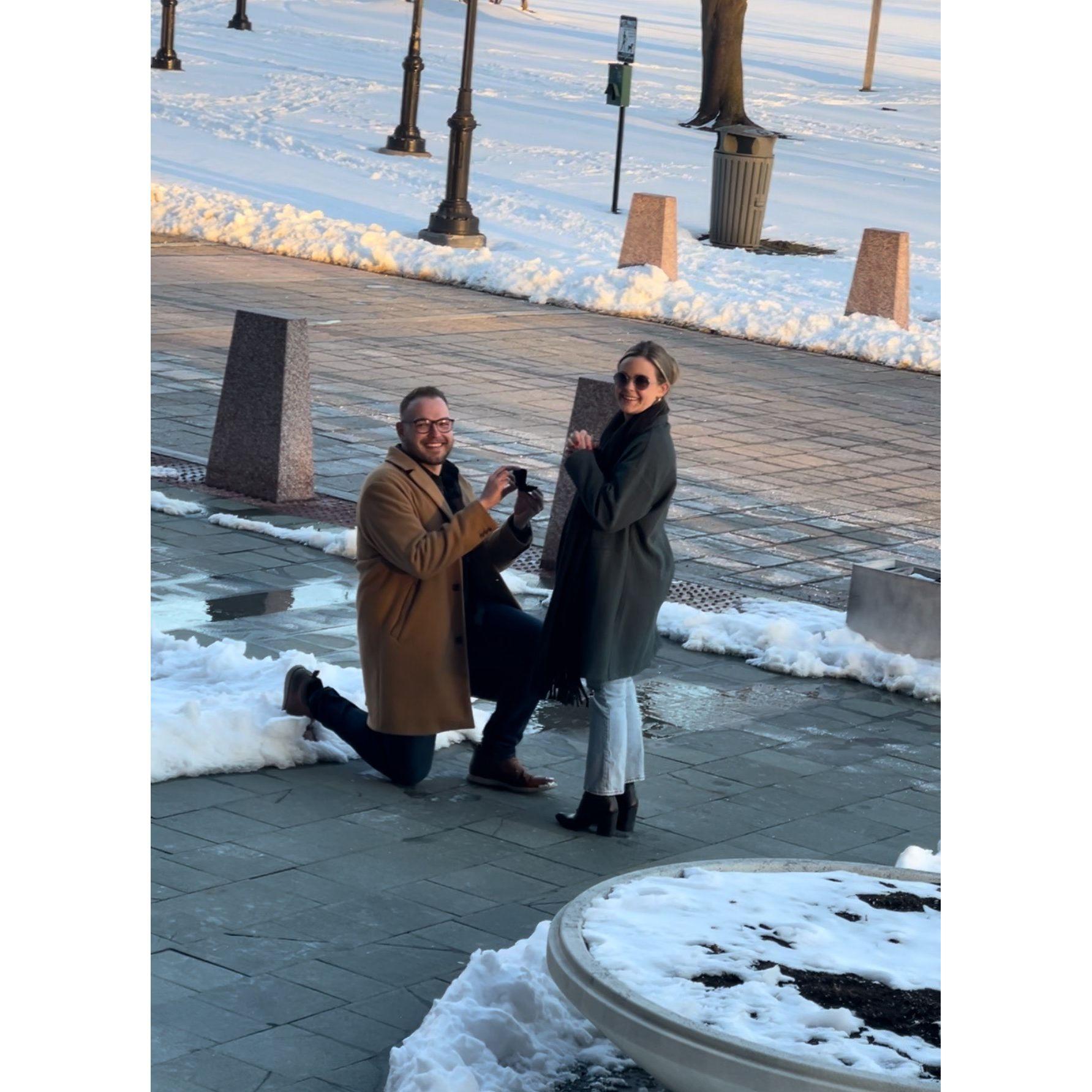 Michael asked Julia to marry him outside of the Richardson Hotel on March 24, 2024! Both of their family and friends were hiding inside to celebrate right after he popped the question.