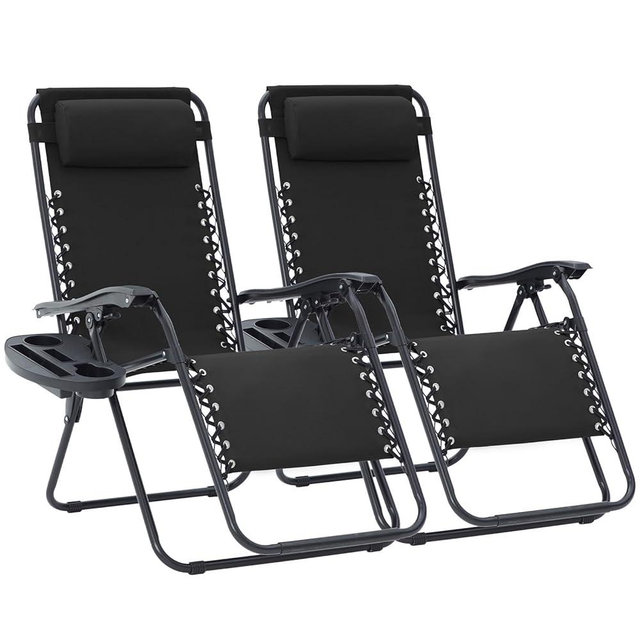 JEAREY Oversized Zero Gravity Lounge Chairs Set of 2, Adjustable Steel Mesh Recliners w/Pillows and Cup Holder Trays for Patio, Garden, Beach, Black