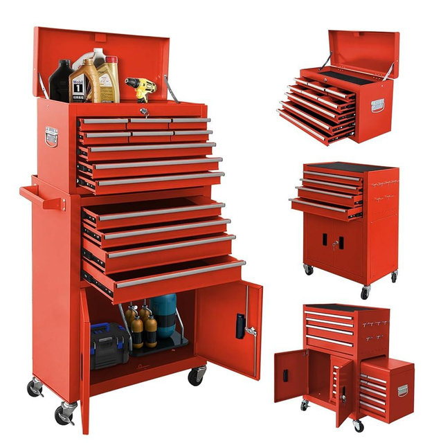 Sormols 13-Drawer Rolling Tool Chest with Double Doors, 2 in 1 Detachable Rolling Tool Chest with Drawers, Metal Large Lockable Tool Box，Mobile Tool Cabinet Combo for Garage Workshop (Red)
